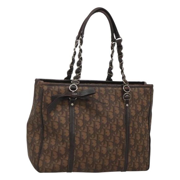 DIOR Trotter Canvas Romantic Tote Bag Pvc Brown Silver - Picture 1 of 12